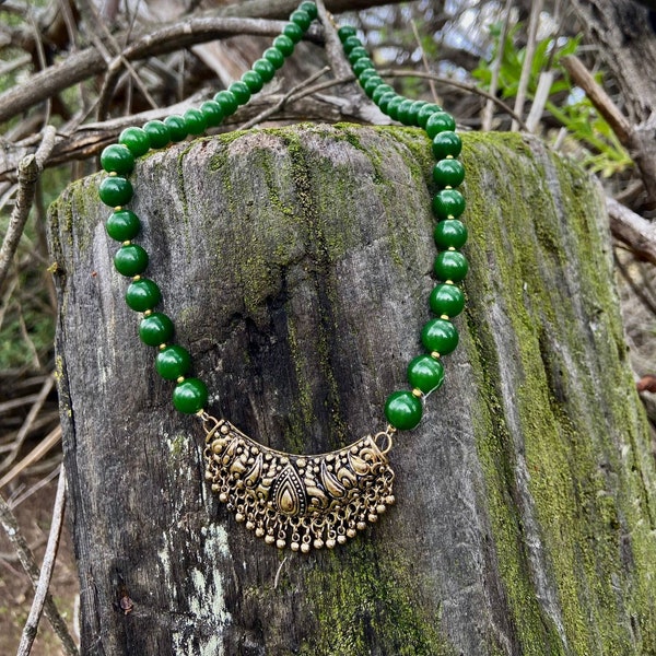 Green Jade Necklace with Gold Tone Accents