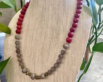 Red and grey faceted jade necklace