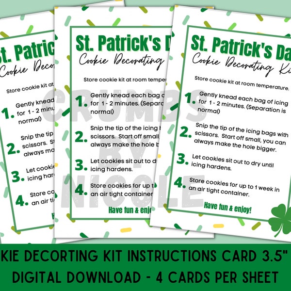 St. Patrick's Day cookie decorating kit instructions card 3.5" x 5" DIGITAL DOWNLOAD, DIY cookie kit card, cookie card