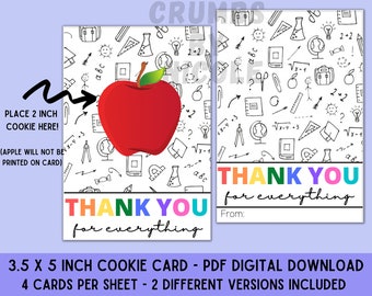 Thank you for everything cookie card 3.5" x 5" DIGITAL DOWNLOAD, Teacher appreciation cookie card, cookie card