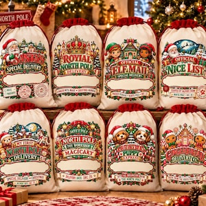 May include: Eight off-white fabric drawstring gift bags featuring colorful Christmas-themed illustrations and text. Each bag displays unique designs including Santa, elves, puppies, and gingerbread characters with blank spaces for personalization.