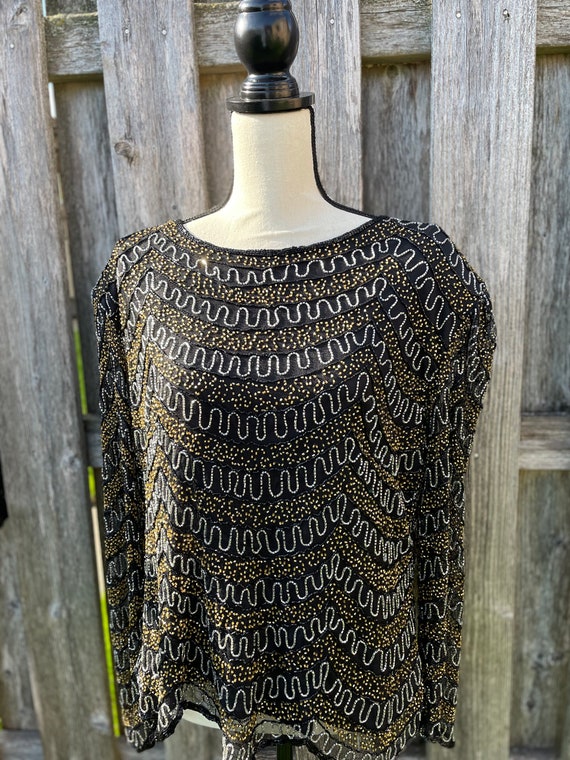 Black Top With Silver And Gold Beading