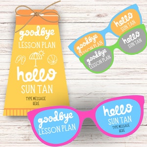 Étiquette-cadeau imprimable de fin d'année scolaire pour enseignant, étiquette-cadeau de crème solaire pour lunettes de soleil d'été, plan de leçon d'adieu, bonjour bronzage, téléchargement immédiat