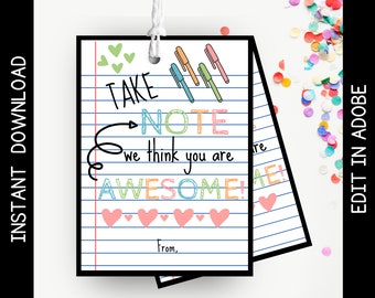 Printable Employee Teacher Appreciation Gift Tag, Take Note You are Awesome, Notebook Gift for Employee or Teacher, Instant Download