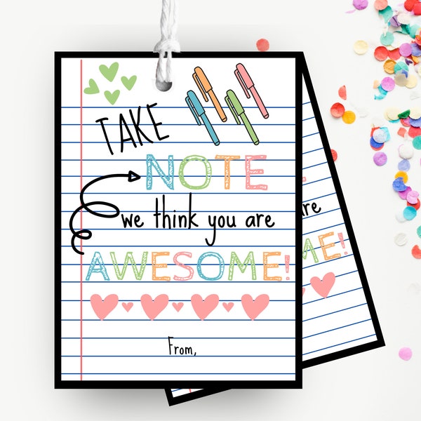 Printable Employee Teacher Appreciation Gift Tag, Take Note You are Awesome, Notebook Gift for Employee or Teacher, Instant Download