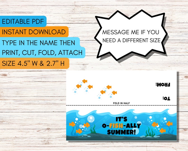 May include: Printable card with a summer theme. The card is folded in half and features a blue ocean scene with orange fish and the text "It's O-Fish-Ally Summer!" The card has a space for "To" and "From" names.