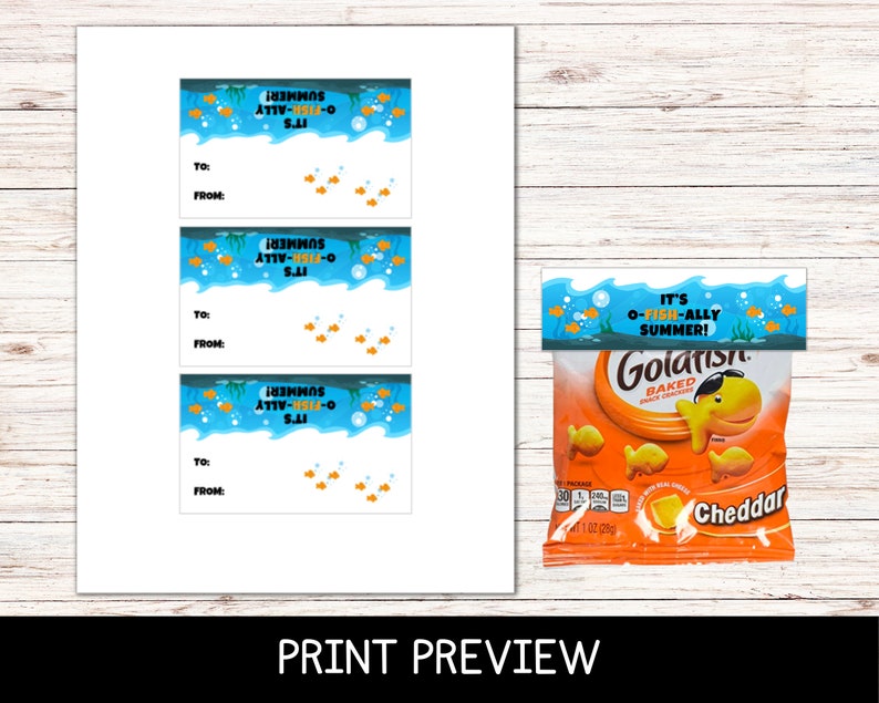 May include: Printable gift tags with a blue and white ocean theme. The tags feature the text "It's O-Fish-Ally Summer!" and a cartoon fish. The tags are designed for a summer party or event.
