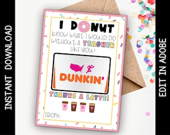Porta carte regalo Dunkin' per insegnanti stampabile: design modificabile a forma di ciambella (download digitale)
