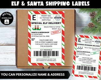 Printable Elf Mail and Santa Mail Shipping Labels, North Pole Mail, Mail from Christmas Elf, Editable Christmas Mail Label, Instant Download