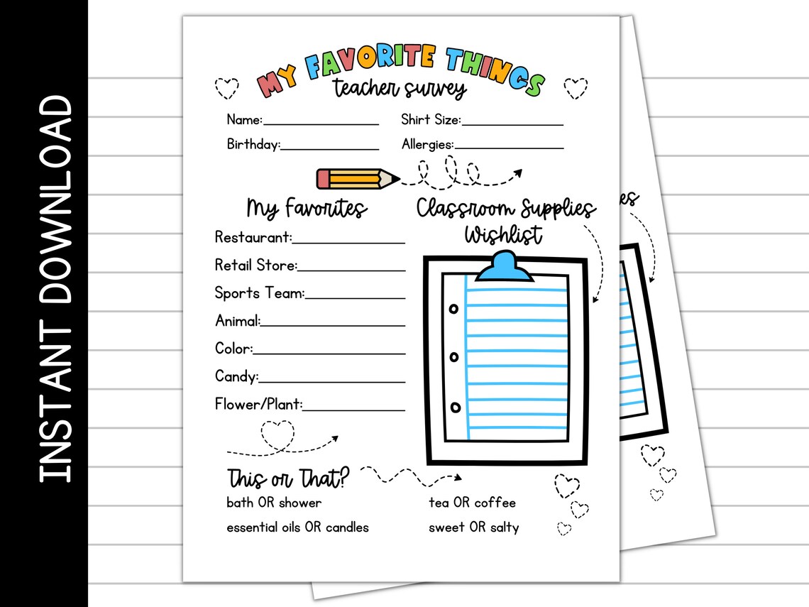 Teacher Favorite Things Survey Printable Teacher - Etsy