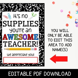 Printable Teacher Supplies Gift Tag, Teacher Appreciation Gift Idea, No Supplies You're Awesome, Teacher Gift Basket Tag, Instant Download image 3