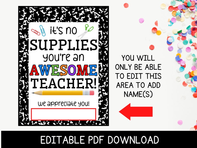 Printable Teacher Supplies Gift Tag, Teacher Appreciation Gift Idea, No Supplies You're Awesome, Teacher Gift Basket Tag, Instant Download image 3