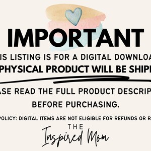 May include: IMPORTANT: This listing is for a digital download. No physical product will be shipped. Please read the full product description before purchasing. ETSY'S POLICY: Digital items are not eligible for refunds or returns. THE Inspired Mom