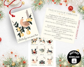 Twelve Days of Christmas Gift Tags, Printable Poem (Instant Download)