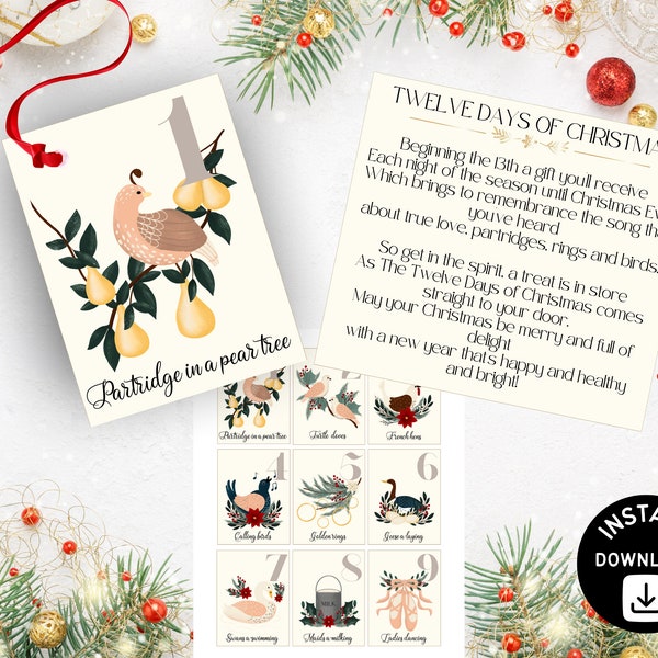 Printable Twelve Days of Christmas Gift Tags, 12 Days of Christmas Poem and Presents, Christmas Tradition Gift Tags, Instant Download