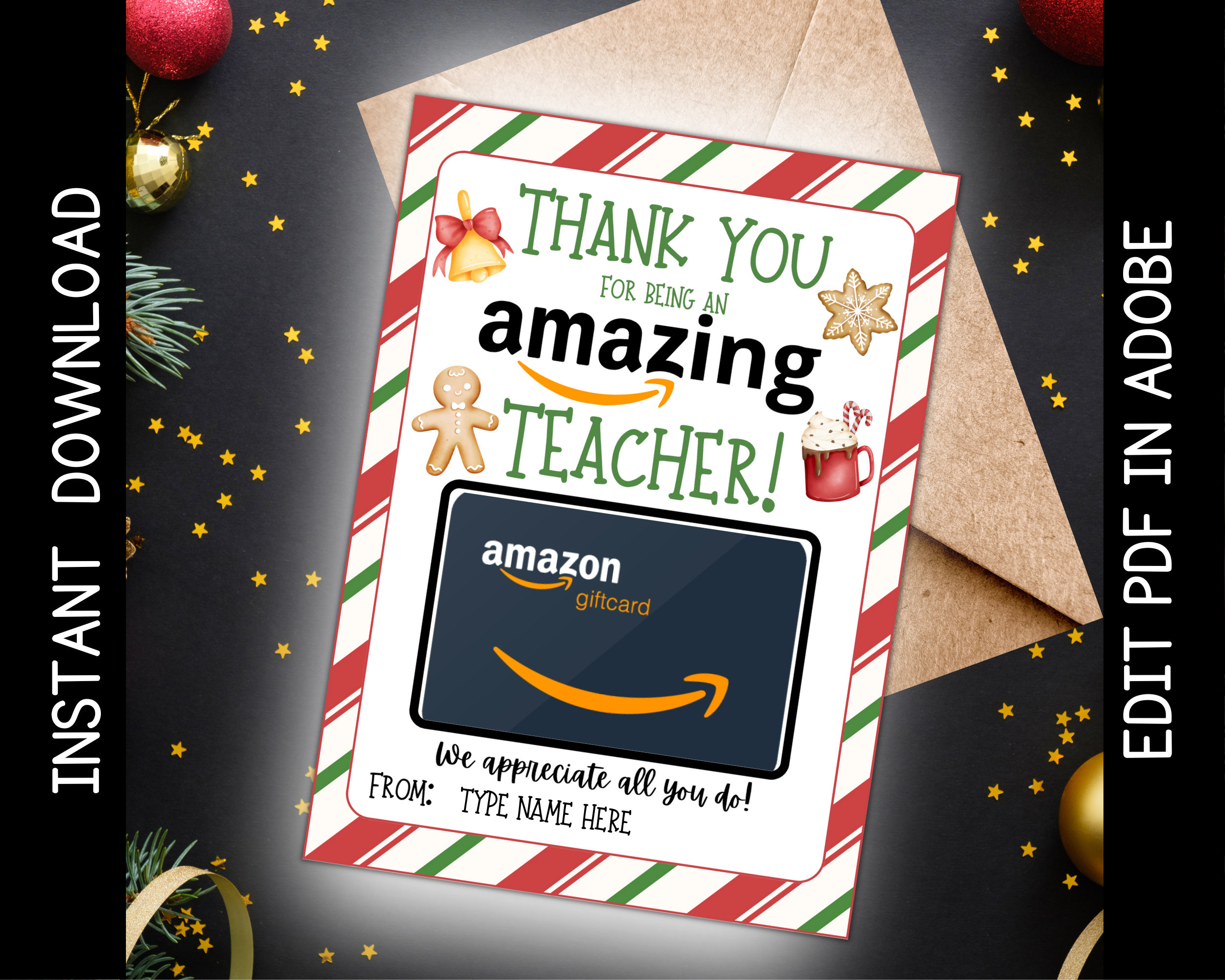 printable christmas amazon gift card holder: teacher thank you