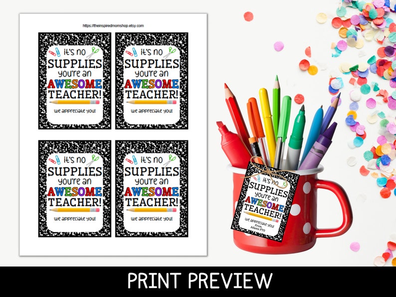 Printable Teacher Supplies Gift Tag, Teacher Appreciation Gift Idea, No Supplies You're Awesome, Teacher Gift Basket Tag, Instant Download image 2