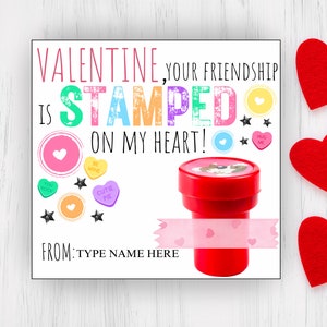 Estampador de tinta imprimible San Valentín, Amistad estampada en mi corazón, San Valentín de la escuela de clase estudiantil, Sello de San Valentín para niños, Descarga instantánea