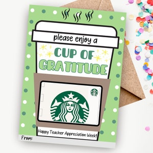 Porte-cartes Starbucks imprimable pour enseignant, carte-cadeau de remerciement pour enseignant, tasse de gratitude, cadeau pour enseignant, téléchargement immédiat modifiable