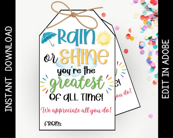 Teacher Appreciation Umbrella Gift Tag: Rain or Shine Printable (Instant Download)