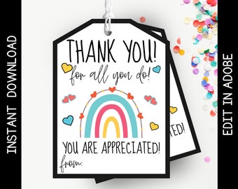 Rainbow Thank You Gift Tag: Employee/Teacher Appreciation (Editable PDF)