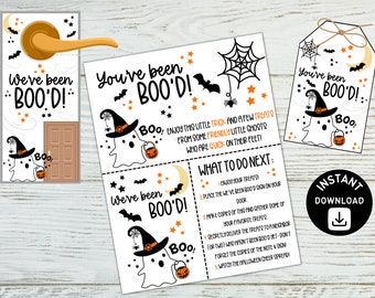 Può includere: Un portauovo di Halloween stampabile con un fantasma che tiene una zucca. Il testo recita "We've been BOO'D!" e include istruzioni per un gioco di scherzetti o dolcetti di Halloween.