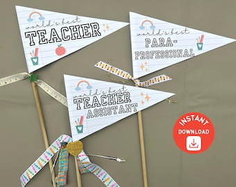 Printable Teacher Appreciation Pennant Flags, World's Best Teacher, Teacher Assistant, Paraprofessional, Printable Flags, Instant Download