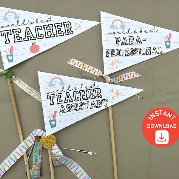 Printable Teacher Appreciation Pennant Flags, World's Best Teacher, Teacher Assistant, Paraprofessional, Printable Flags, Instant Download