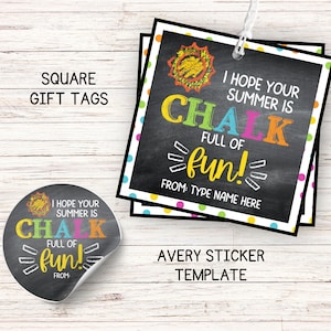 Printable Chalk Gift Tag for Summer, Chalk Full of Fun, End of the School Year Gift, Stickers, Student or Class Chalk Gift, Instant Download