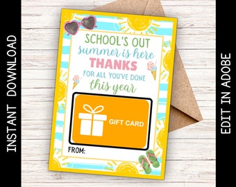 Printable Summer Teacher Gift Card Holder, Editable PDF (Instant Download)