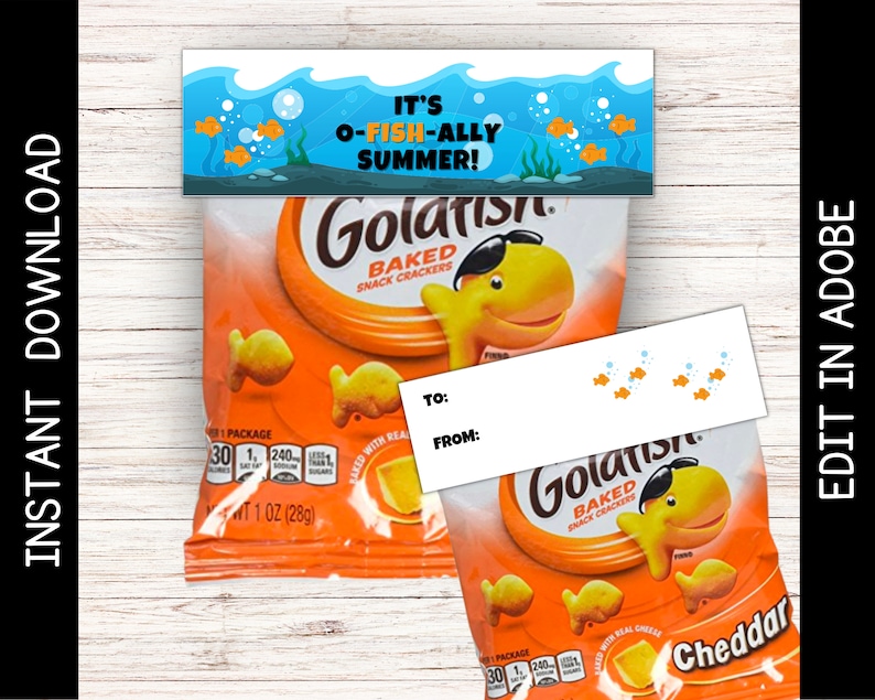 Printable summer tag for goldfish snack bags that say it's o-fish-ally summer! On waves and fish under water. Editable to add names on the back.