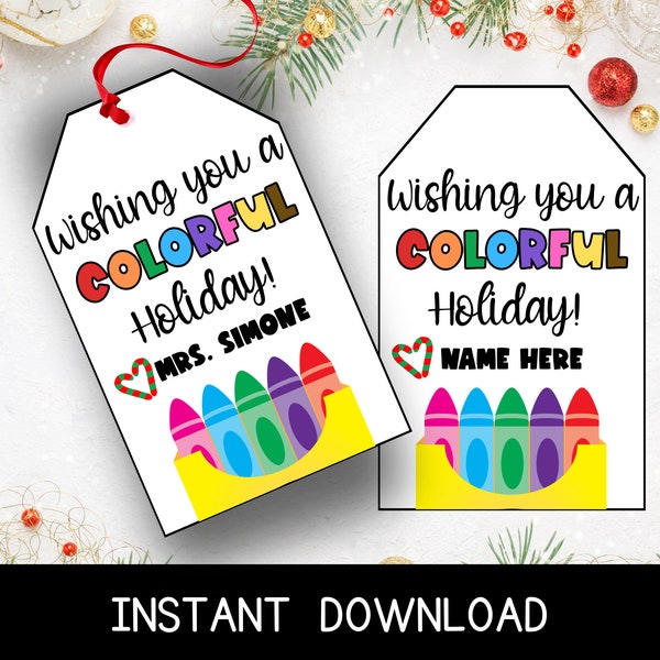 Printable Colorful Holiday Crayon Gift Tag, Holiday Gift for Classmates, Holiday Student Gift, Crayon Christmas Tags, Instant Download