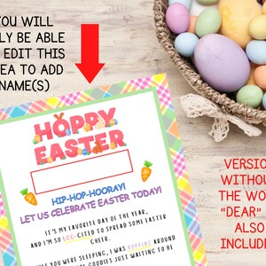 May include: A printable Easter card with a pink and green plaid background. The card features a bunny holding a basket of eggs and the text "Hoppy Easter". The card also includes the text "Hip-Hop-Hooray! Let us celebrate Easter today!" and a space to add names.