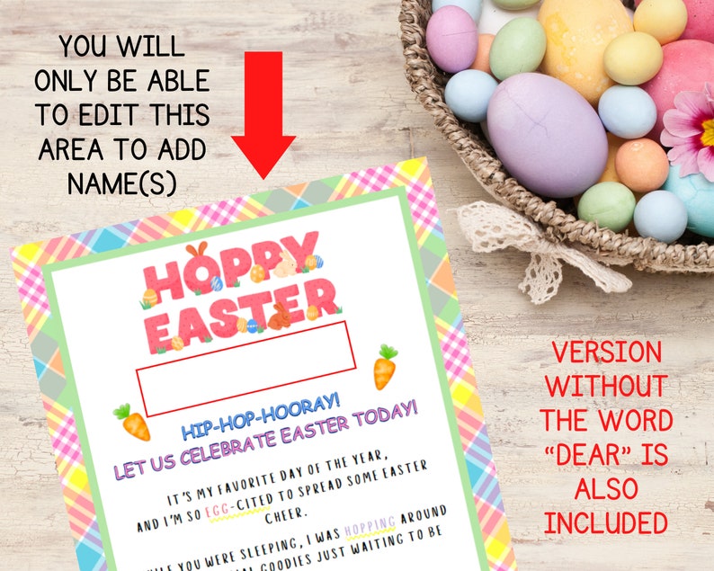 May include: A printable Easter card with a pink and green plaid background. The card features a bunny holding a basket of eggs and the text "Hoppy Easter". The card also includes the text "Hip-Hop-Hooray! Let us celebrate Easter today!" and a space to add names.