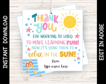 Summer Teacher Gift Tag, End of Year Thank You (Instant Download)