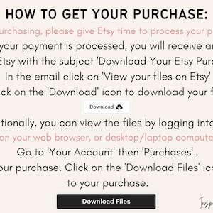May include: A white background with black text explaining how to download a digital purchase from Etsy. The text includes instructions on how to download the purchase from an email or from the Etsy website. The text also includes the words "Download" and "Download Files".