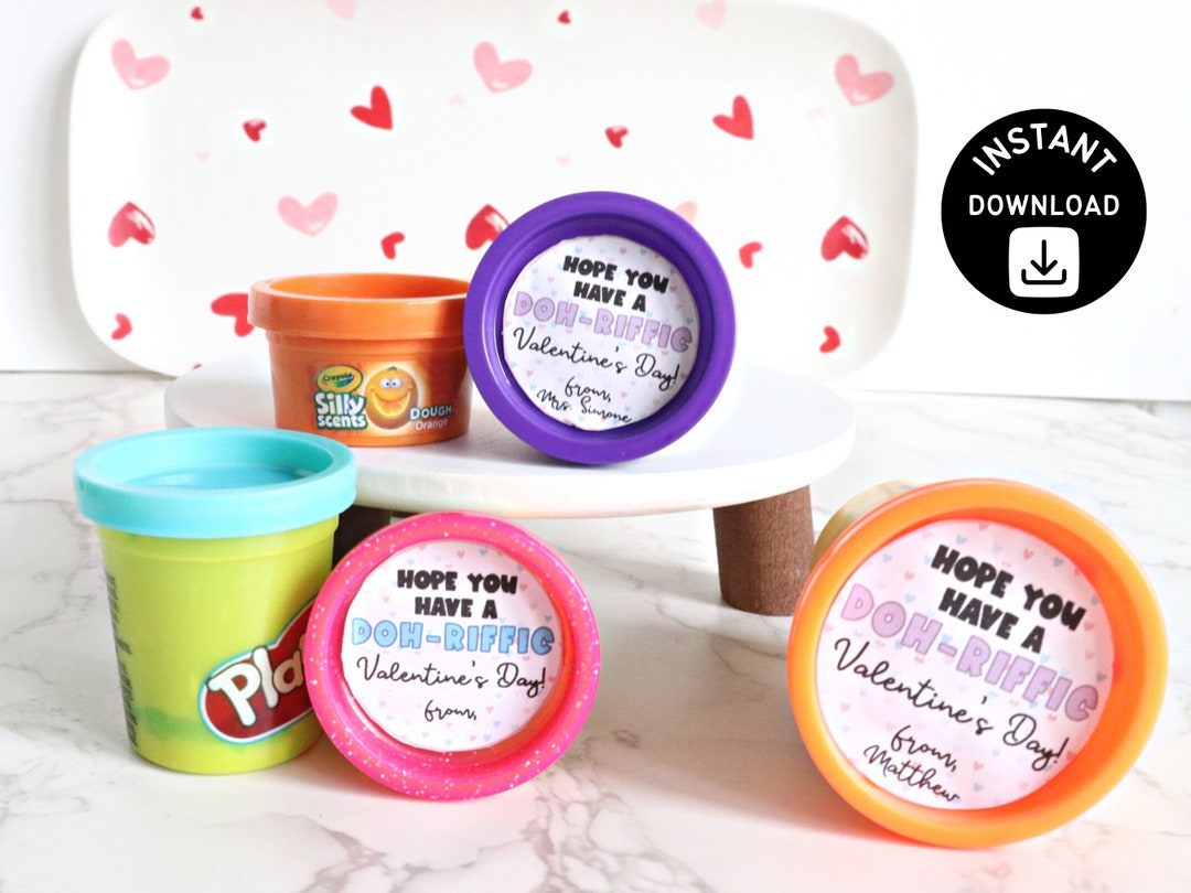 Printable Playdoh Round Valentine Stickers, Have a Doh-riffic Valentine's Day, Kids Valentines ...
