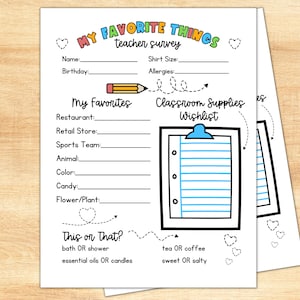 Encuesta de cosas favoritas del maestro, Cuestionario imprimible para maestros, Todo sobre el maestro, Mis cosas favoritas, Carta de regalo, Descarga instantánea