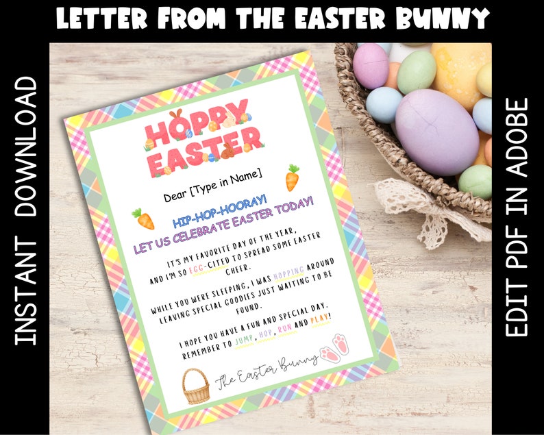 May include: A printable letter from the Easter Bunny with a colorful plaid background. The letter says "Hoppy Easter" and includes the text "Hip-Hop-Hooray! Let us celebrate Easter today!"