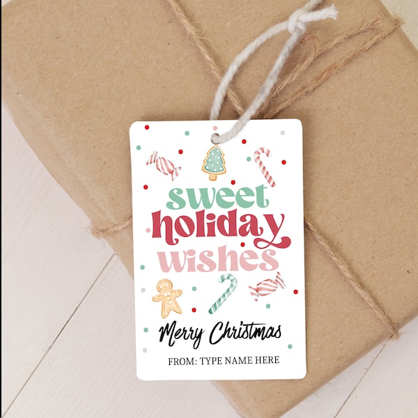 Printable Sweet Holiday Wishes Christmas Gift Tag, Editable Holiday Gift Tag, Christmas Treats Tag, Sweets Favor Bag Tag, Instant Download