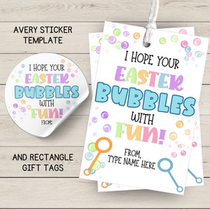 Paasbubbels afdrukbare cadeautag en sticker, hoop dat je paasbubbels met plezier zijn, bewerkbare bubbels behandelen tag voor kinderen, direct downloaden