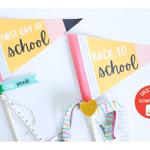 Printable First Day of School Pennant Flags, School Paper Flags, Back to School, First Day of School, Printable Flags, Instant Download