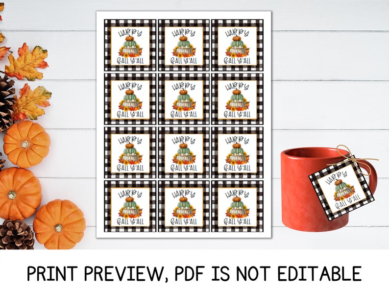 May include: Printable sheet of 12 square gift tags with a black and white checkered background. Each tag features a stack of pumpkins with fall foliage and the text "Happy Fall Y'all".