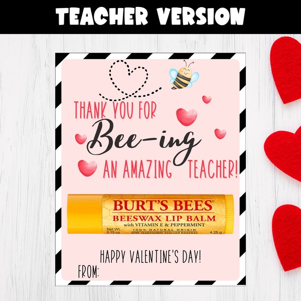 Tarjeta Chapstick imprimible del Día de San Valentín, Gracias por ser un maestro increíble, Burt's Bees Lip Balm Teacher Valentine, Descarga instantánea