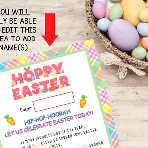 May include: A printable Easter card with a pink and green checkered background. The card says "Hoppy Easter" in pink letters with a bunny and eggs. The text "Dear" is followed by a blank line for a name. The card says "Hip-Hop-Hooray! Let us celebrate Easter today! It's my favorite day of the year, I'm so egg-cited to spread some Easter cheer."