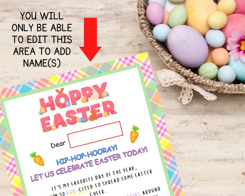 May include: A printable Easter card with a pink and green checkered background. The card says "Hoppy Easter" in pink letters with a bunny and eggs. The text "Dear" is followed by a blank line for a name. The card says "Hip-Hop-Hooray! Let us celebrate Easter today! It's my favorite day of the year, I'm so egg-cited to spread some Easter cheer."