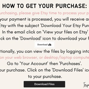 May include: A white background with black text explaining how to download a digital purchase from Etsy. The text includes instructions on how to download the purchase from an email or from the Etsy website. The text also includes the words "Download" and "Download Files".