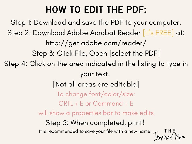 May include: A step-by-step guide on how to edit a PDF file using Adobe Acrobat Reader. The guide includes instructions on downloading the software, opening the PDF, editing text, and changing font, color, and size. It also mentions that not all areas are editable and recommends saving the file with a new name after editing.