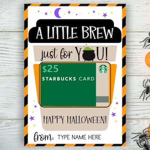Porte-carte-cadeau de café imprimable d’Halloween, Un petit breuvage juste pour vous, Cadeau d’enseignant d’Halloween facile, Cadeau de café, Téléchargement instantané modifiable