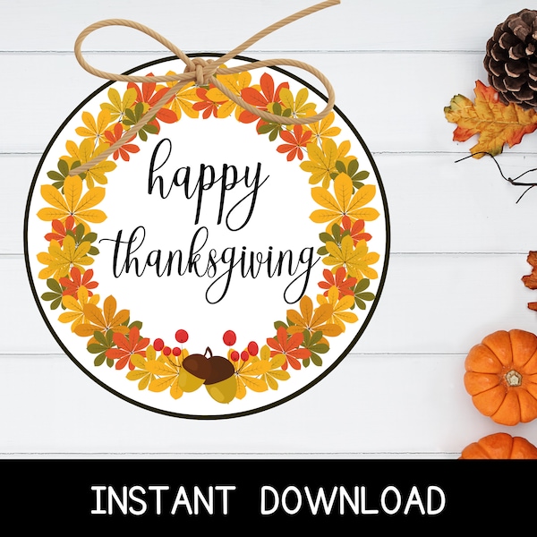 Printable Happy Thanksgiving Leaves Circle Tag, Thanksgiving Gift Tag, Happy Thanksgiving, Round Party Gift Tags, Instant Download